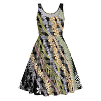 Black Palaka Hawaii Leis Midi Dress Hawaiian-plaid Elegant Tropical Vibes - Polynesian Pride