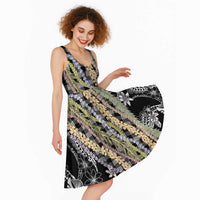Black Palaka Hawaii Leis Midi Dress Hawaiian-plaid Elegant Tropical Vibes - Polynesian Pride