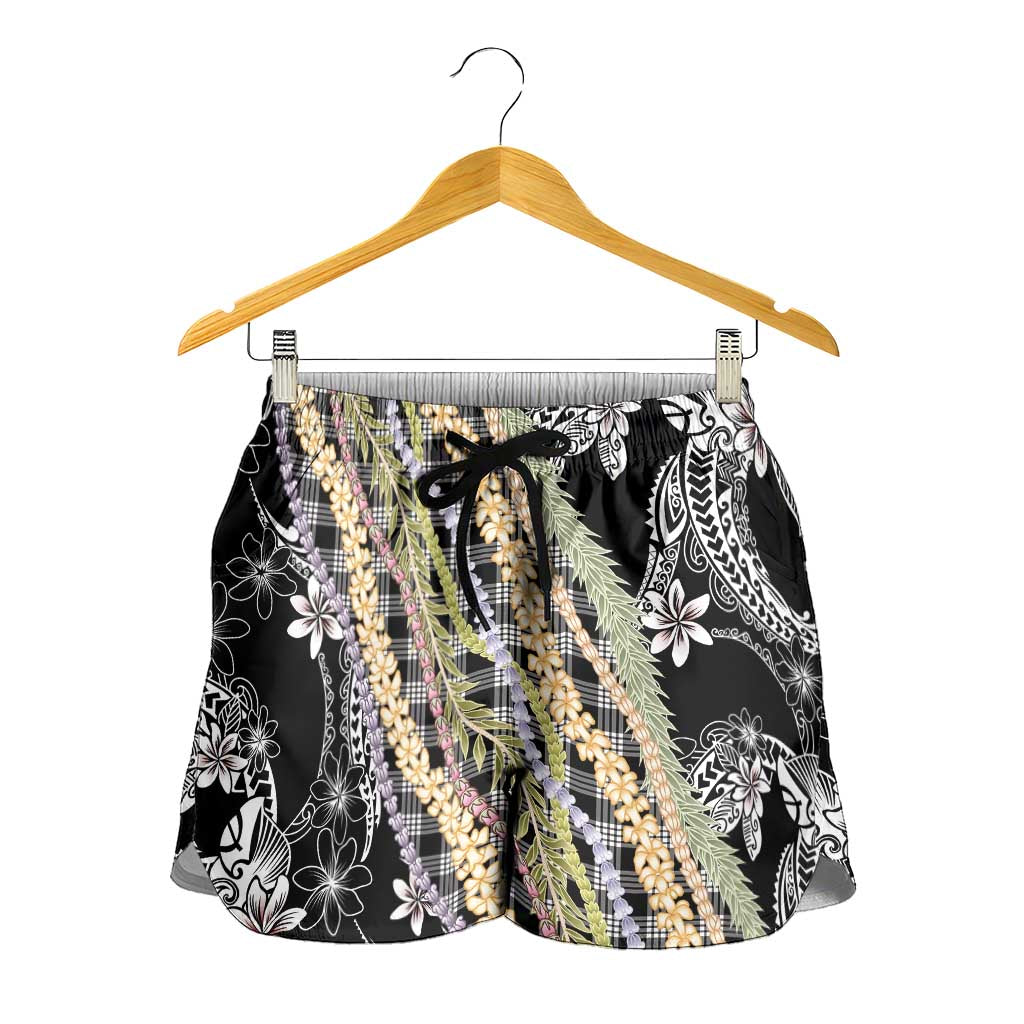 Black Palaka Hawaii Leis Shorts for Women Hawaiian-plaid Elegant Tropical Vibes - Polynesian Pride