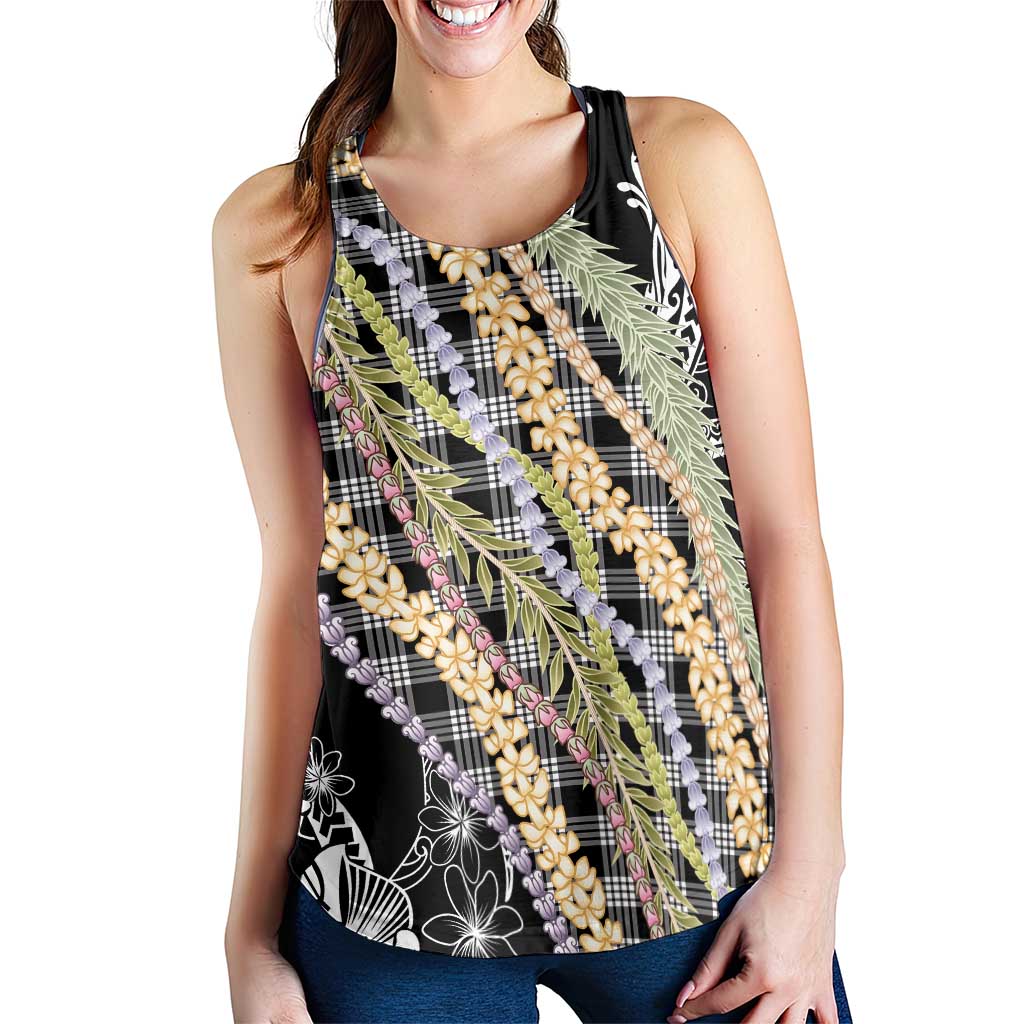 Black Palaka Hawaii Leis Women Racerback Tank Hawaiian-plaid Elegant Tropical Vibes - Polynesian Pride