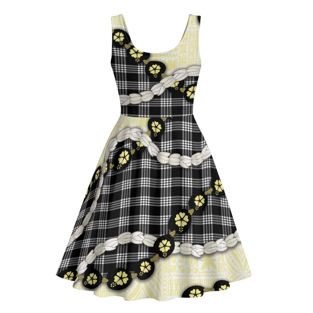 Black Palaka Hawaii Midi Dress Kukui Nut Pikake Lei Hawaiian Tapa Pattern - Polynesian Pride