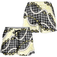 Black Palaka Hawaii Shorts for Women Kukui Nut Pikake Lei Hawaiian Tapa Pattern - Polynesian Pride