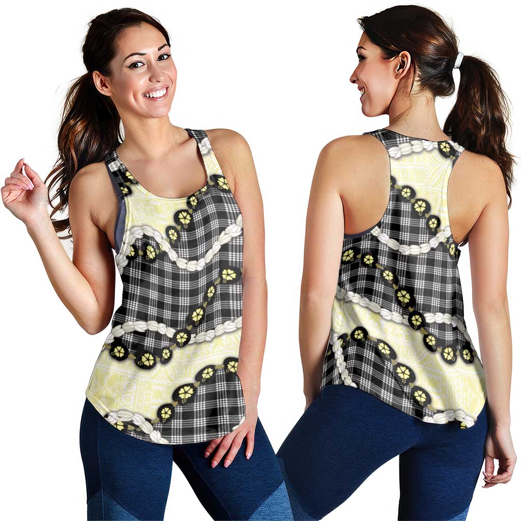 Black Palaka Hawaii Women Racerback Tank Kukui Nut Pikake Lei Hawaiian Tapa Pattern - Polynesian Pride