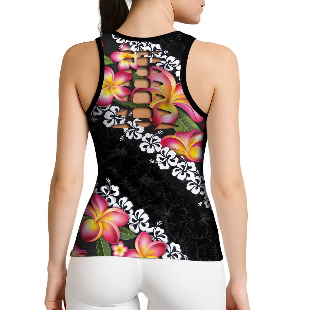 Black Polynesia Hollow Tank Top Plumeria With Hibiscus Pattern Tropical Vibes LT14 - Polynesian Pride