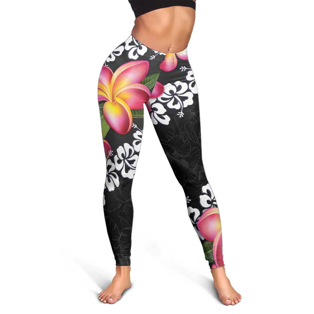 Black Polynesia Leggings Plumeria With Hibiscus Pattern Tropical Vibes - Polynesian Pride