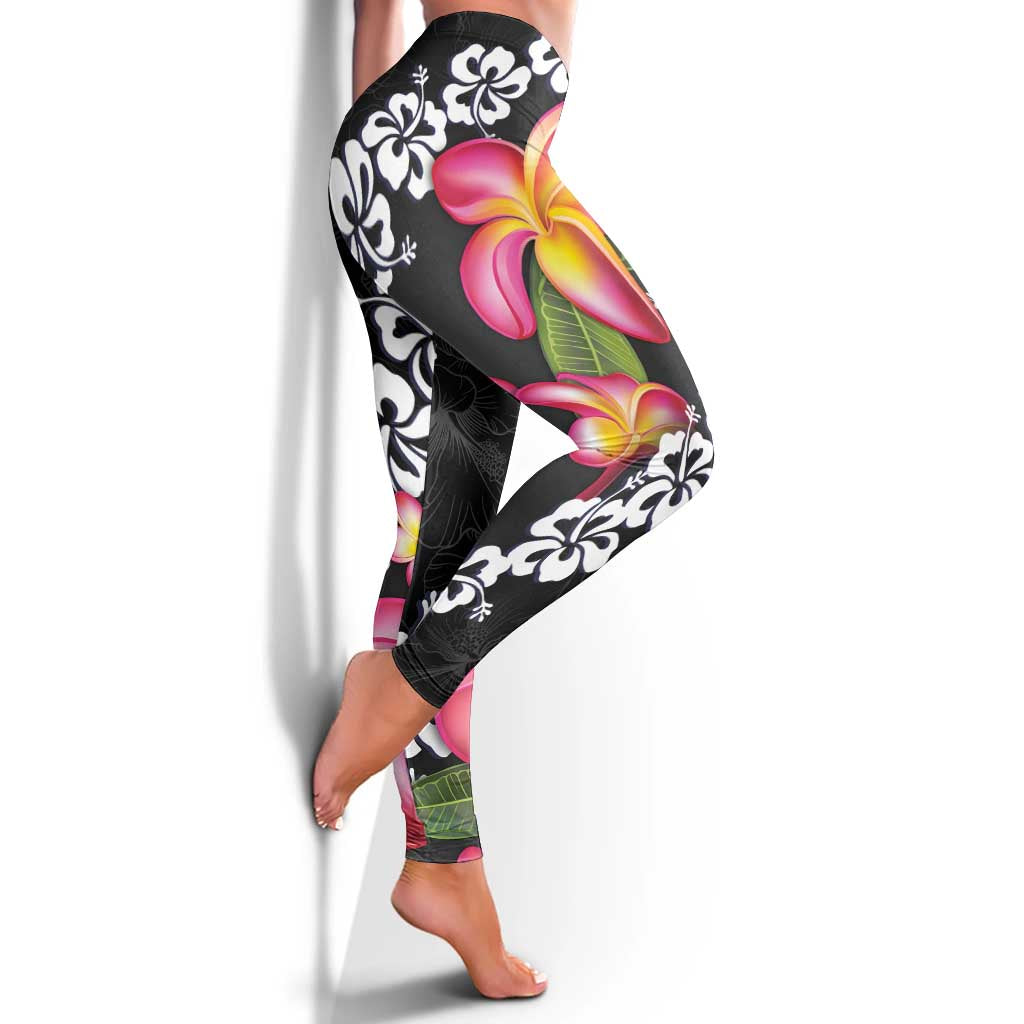 Black Polynesia Leggings Plumeria With Hibiscus Pattern Tropical Vibes - Polynesian Pride