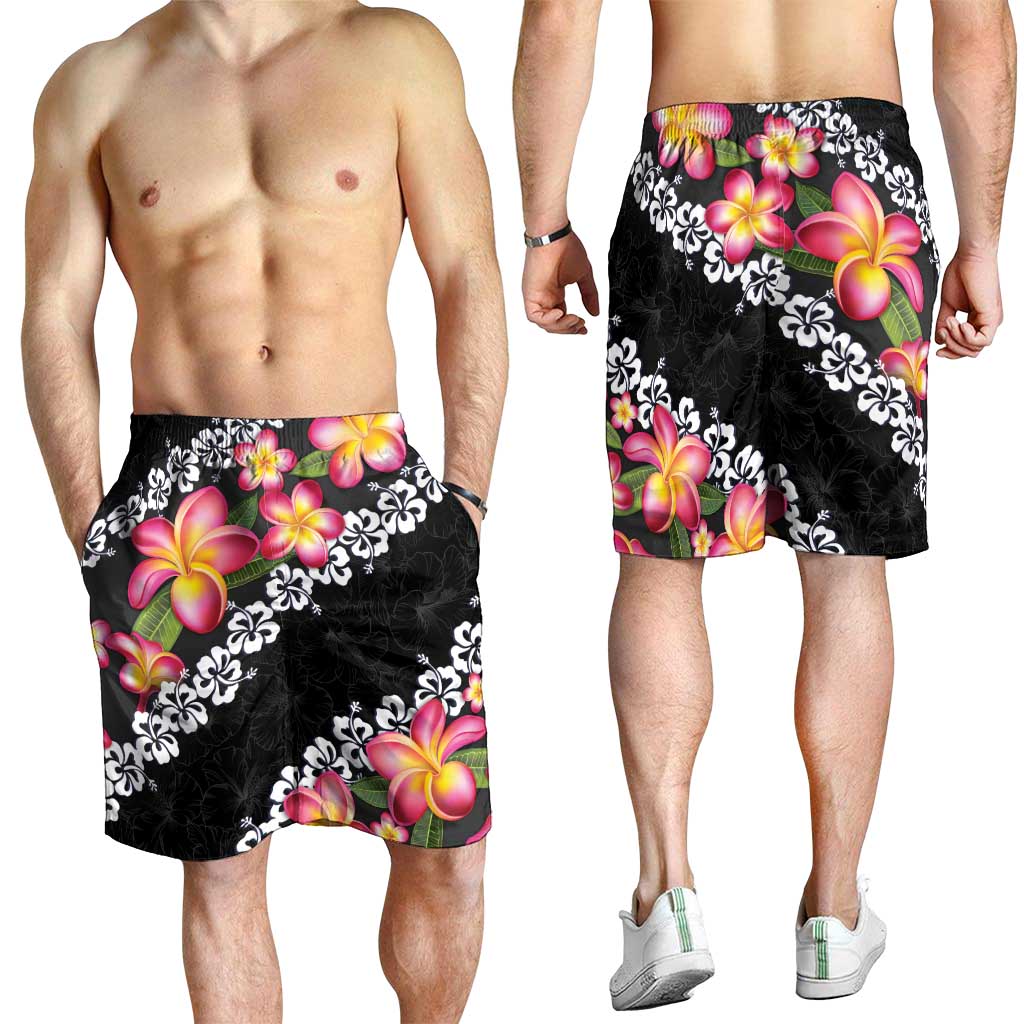 Black Polynesia Shorts for Men Plumeria With Hibiscus Pattern Tropical Vibes - Polynesian Pride