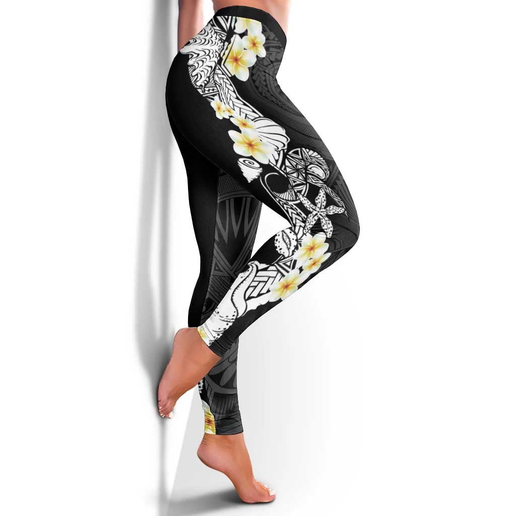 Black Samoa Tattoo Leggings Plumeria Samoan Ocean Tatau Pattern - Polynesian Pride