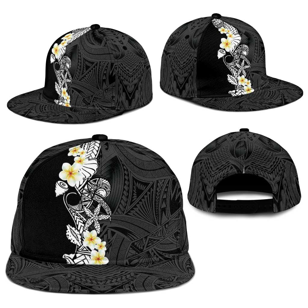Black Samoa Tattoo Snapback Cap Plumeria Samoan Ocean Tatau Pattern - Polynesian Pride