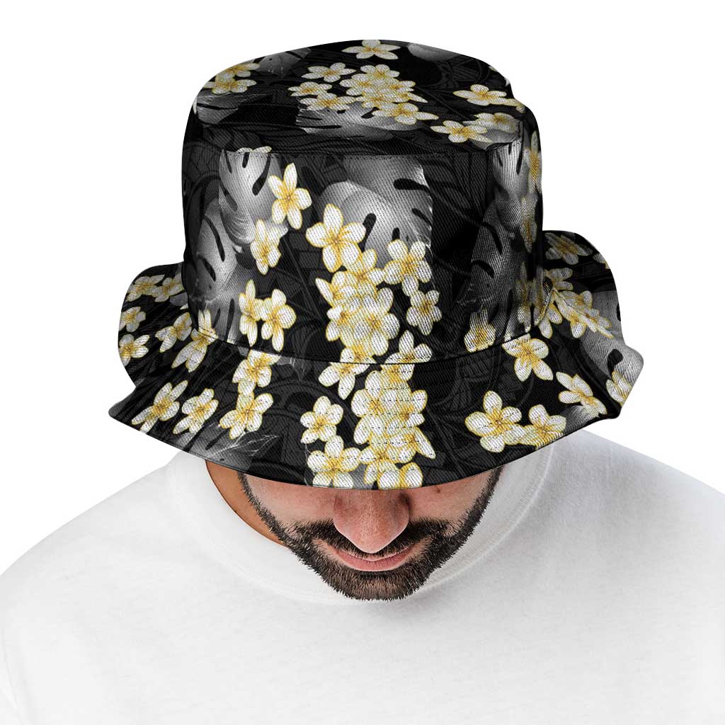 Black Tropical Hawaii Bucket Hat Seamless Monstera Plumeria Hawaiian Pattern - Polynesian Pride