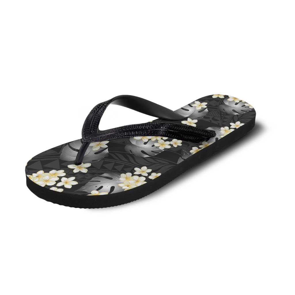 Black Tropical Hawaii Flip Flops Seamless Monstera Plumeria Hawaiian Pattern - Polynesian Pride