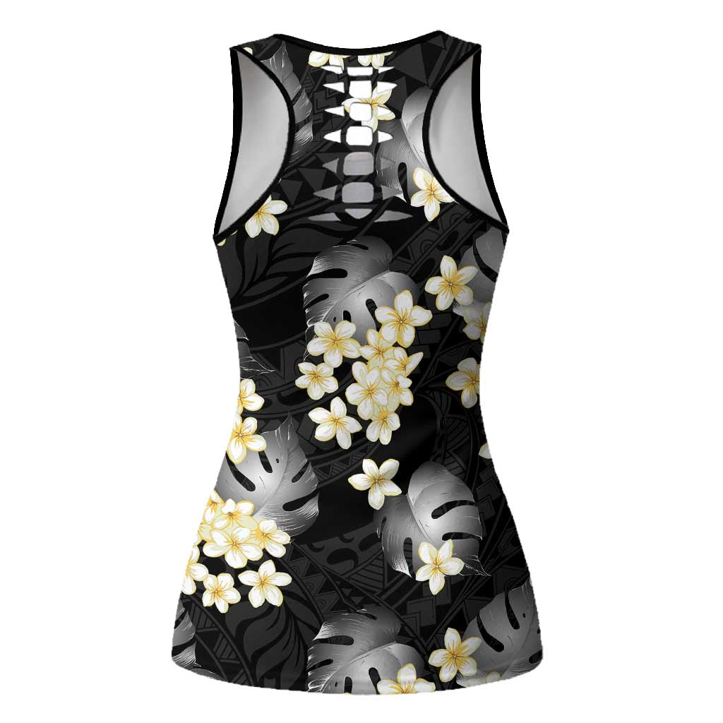 Black Tropical Hawaii Hollow Tank Top Seamless Monstera Plumeria Hawaiian Pattern - Polynesian Pride