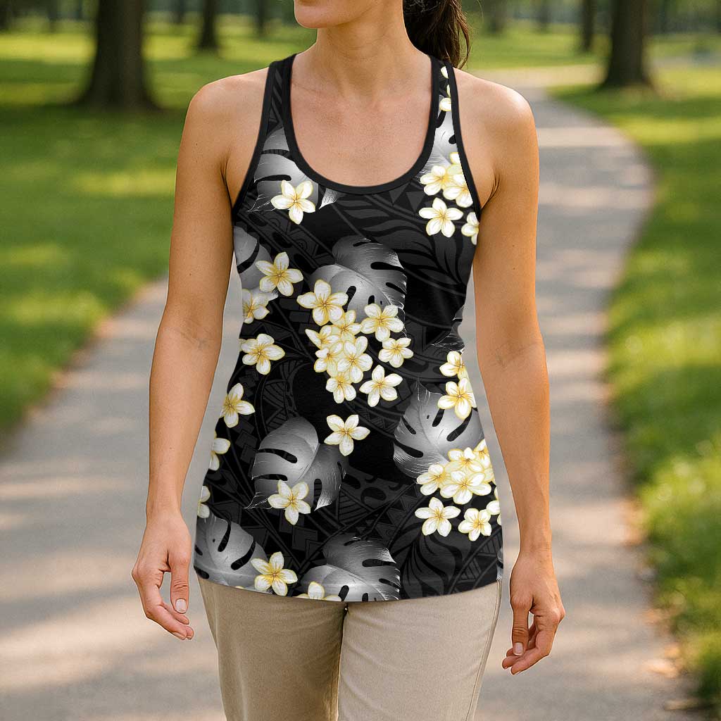 Black Tropical Hawaii Hollow Tank Top Seamless Monstera Plumeria Hawaiian Pattern - Polynesian Pride