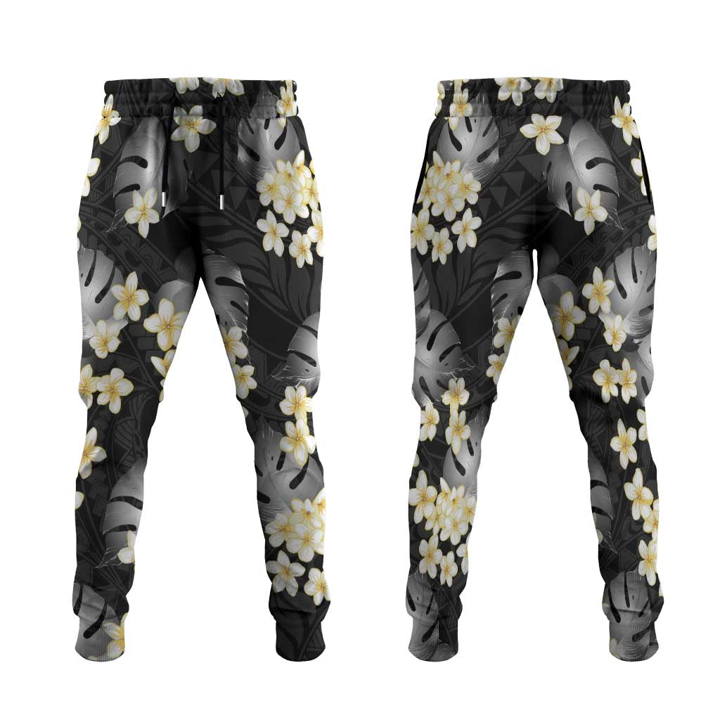 Black Tropical Hawaii Jogger Pants Seamless Monstera Plumeria Hawaiian Pattern - Polynesian Pride