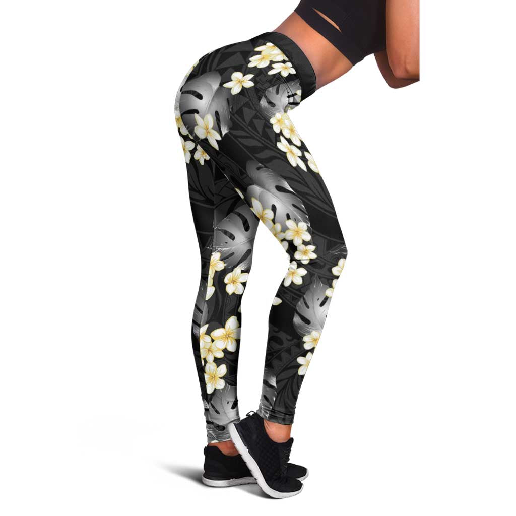Black Tropical Hawaii Leggings Seamless Monstera Plumeria Hawaiian Pattern - Polynesian Pride