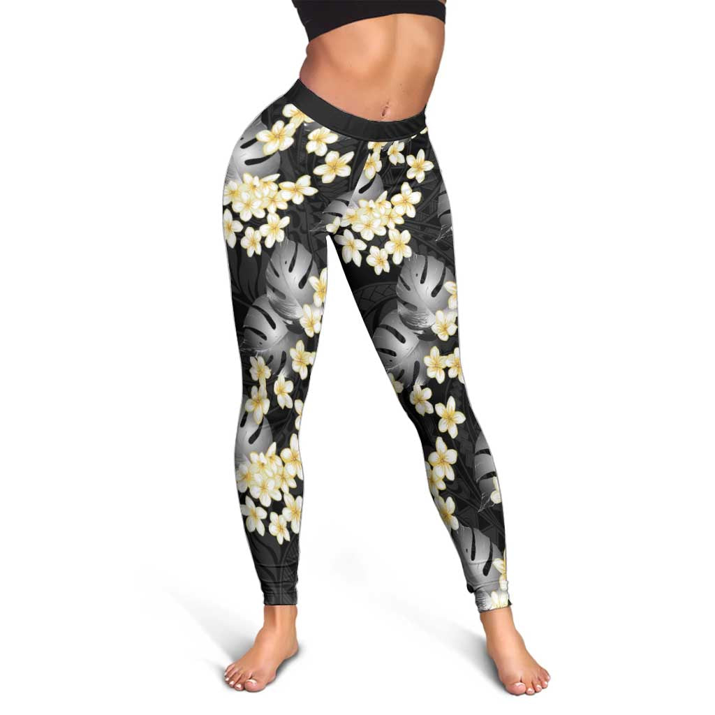 Black Tropical Hawaii Leggings Seamless Monstera Plumeria Hawaiian Pattern - Polynesian Pride