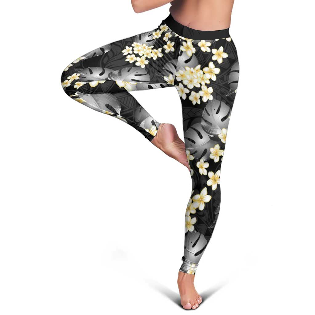 Black Tropical Hawaii Leggings Seamless Monstera Plumeria Hawaiian Pattern - Polynesian Pride