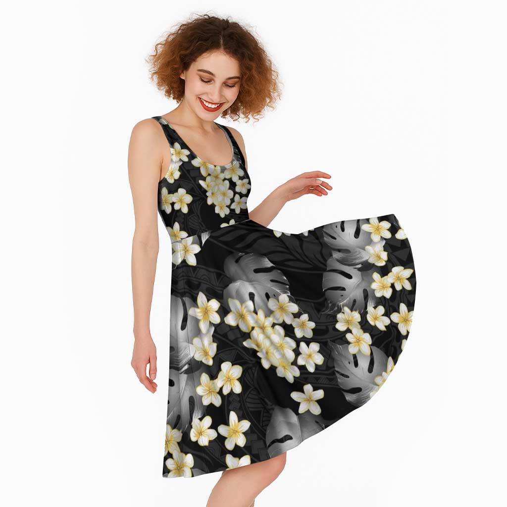 Black Tropical Hawaii Midi Dress Seamless Monstera Plumeria Hawaiian Pattern - Polynesian Pride