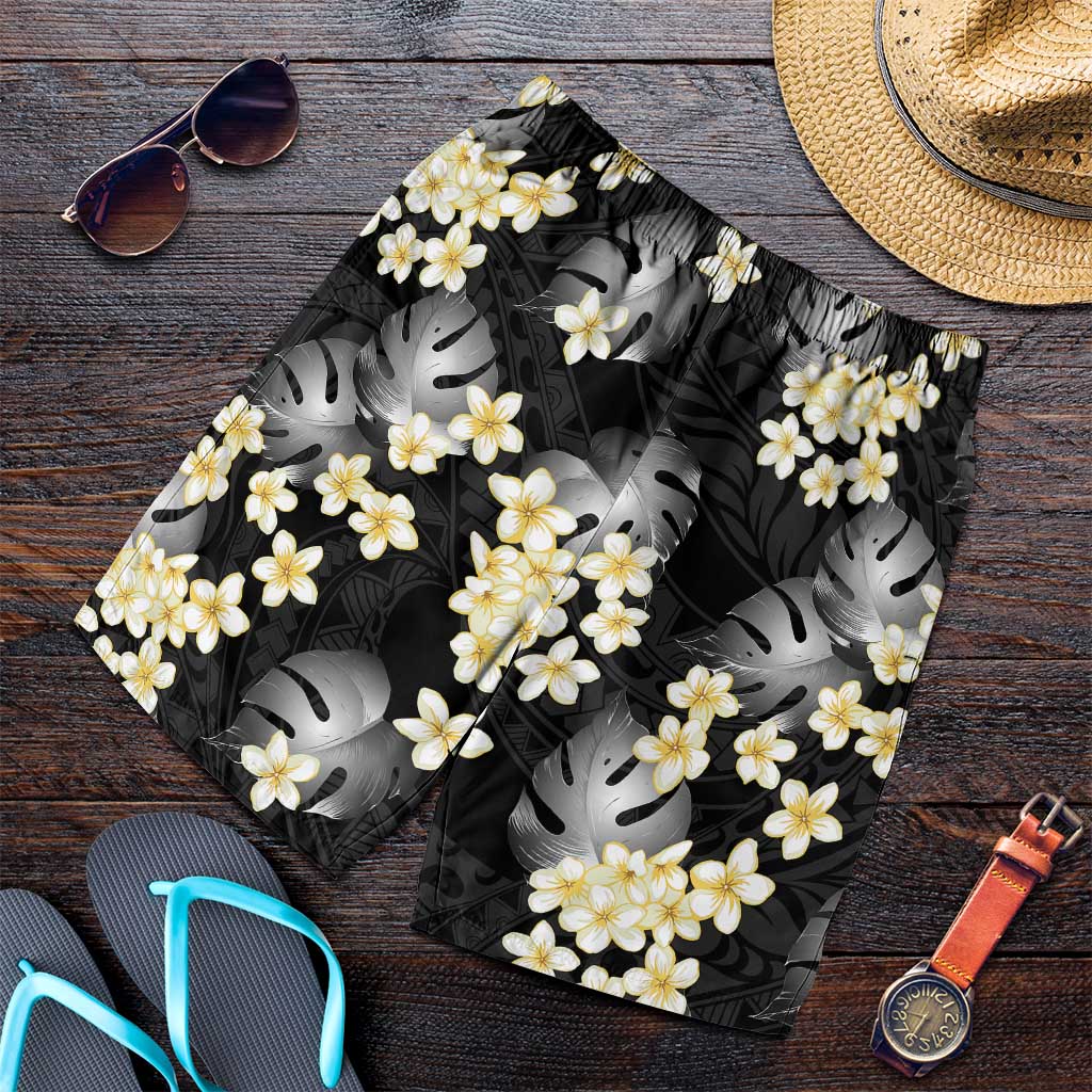 Black Tropical Hawaii Shorts for Men Seamless Monstera Plumeria Hawaiian Pattern - Polynesian Pride