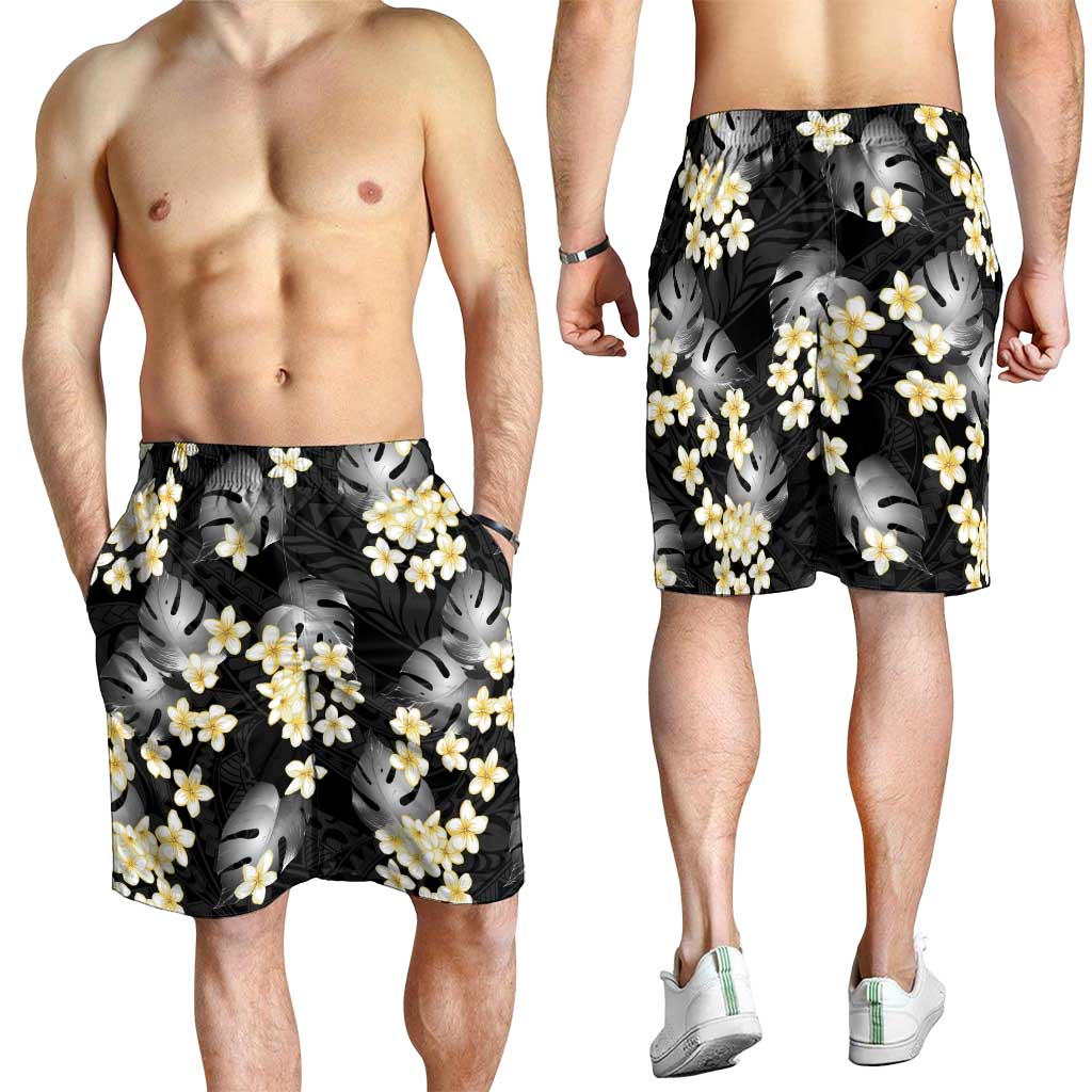 Black Tropical Hawaii Shorts for Men Seamless Monstera Plumeria Hawaiian Pattern - Polynesian Pride