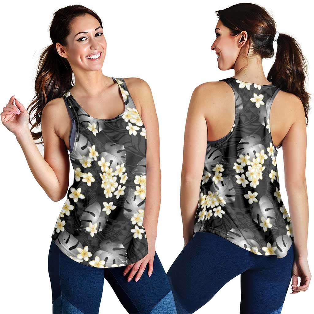 Black Tropical Hawaii Women Racerback Tank Seamless Monstera Plumeria Hawaiian Pattern - Polynesian Pride