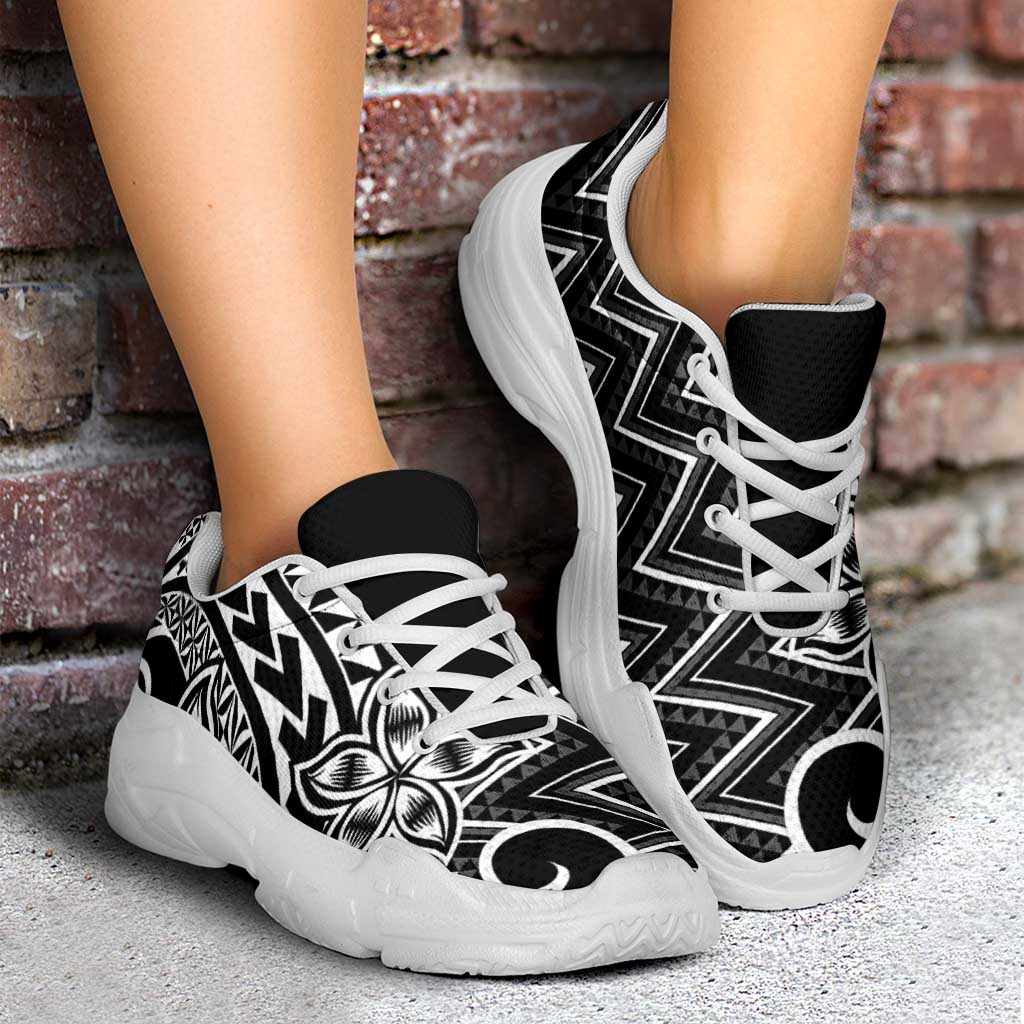 Black White New Zealand Taniko Motifs Chunky Sneakers Aotearoa Maori Plumeria Curve Style LT14 - Polynesian Pride
