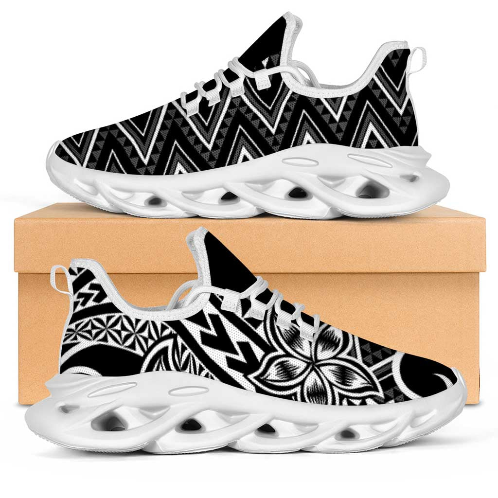 Black White New Zealand Taniko Motifs Clunky Sneakers Aotearoa Maori Plumeria Curve Style LT14 Black - Polynesian Pride