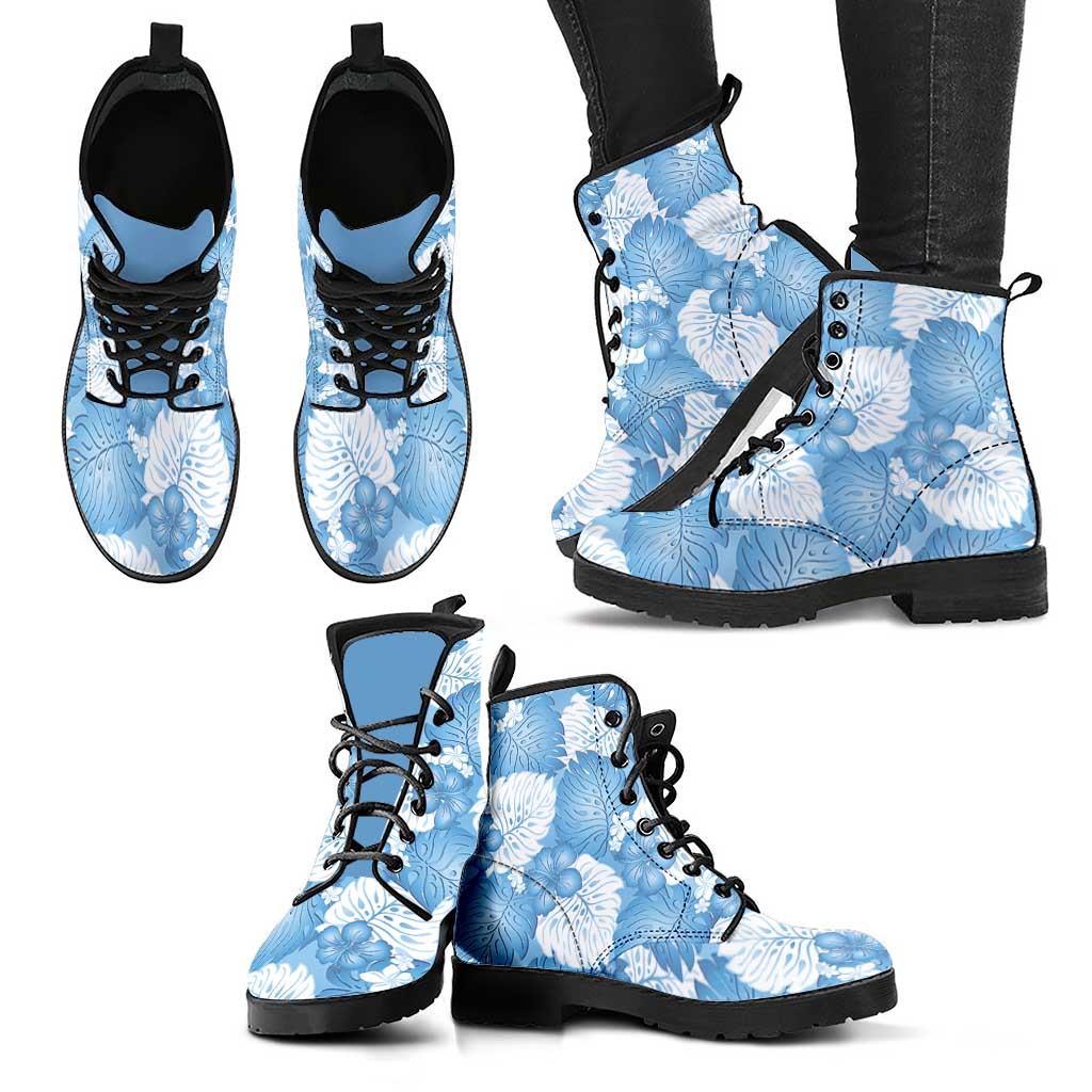 Blue Aloha Hawaii Leather Boots Monstera Hibiscus Plumeria Seamless Vibes - Polynesian Pride