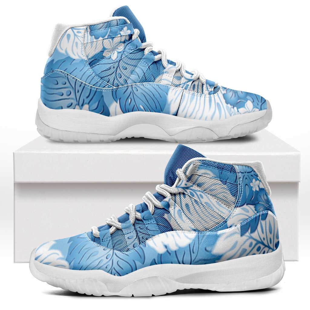 Blue Aloha Hawaii Sneakers J11 Monstera Hibiscus Plumeria Seamless Vibes - Polynesian Pride