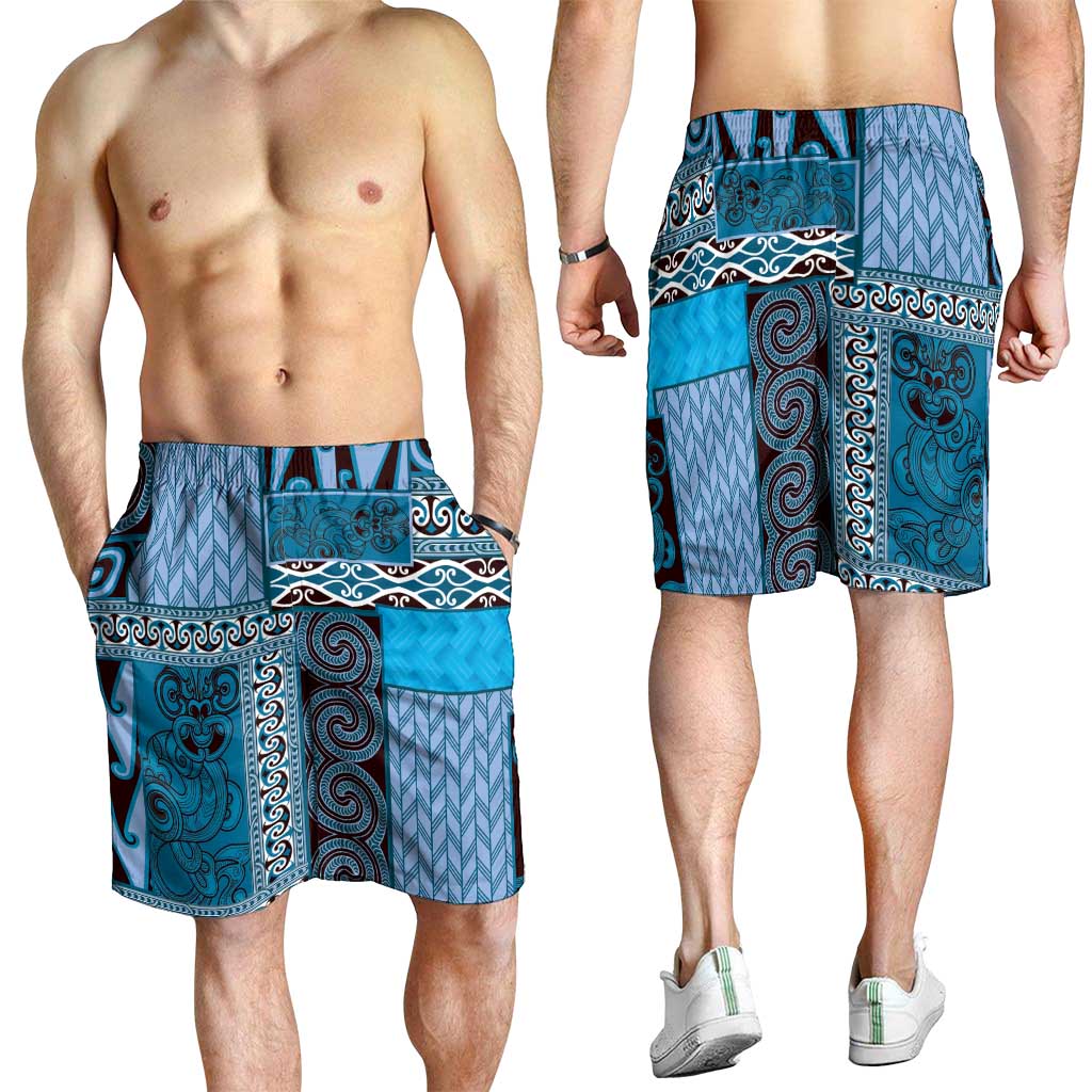 Blue Aotearoa Kowhaiwhai Pattern Shorts for Men NZ Maori Quilt Style - Polynesian Pride