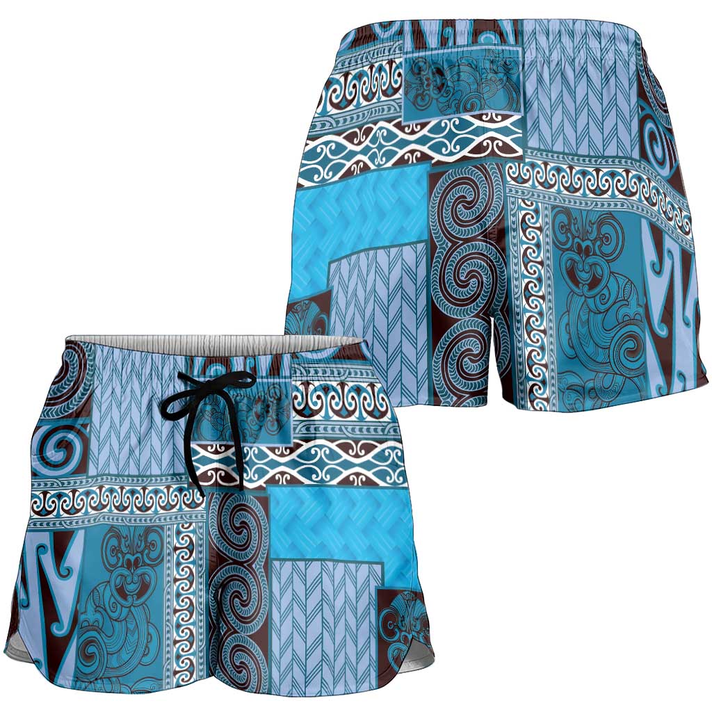 Blue Aotearoa Kowhaiwhai Pattern Shorts for Women NZ Maori Quilt Style LT14 - Polynesian Pride