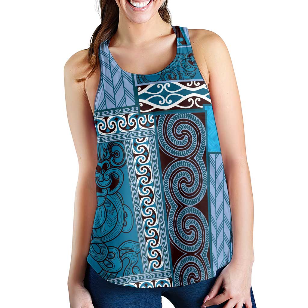 Blue Aotearoa Kowhaiwhai Pattern Women Racerback Tank NZ Maori Quilt Style - Polynesian Pride