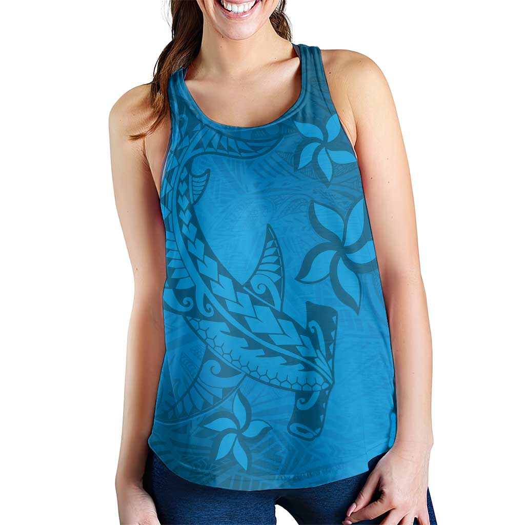 Blue Gradient Polynesia Women Racerback Tank Hawaiian Tribal Hammerhead Shark Tattoo - Polynesian Pride