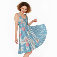Blue Hawaii Anthurium Plumeria Lei Midi Dress