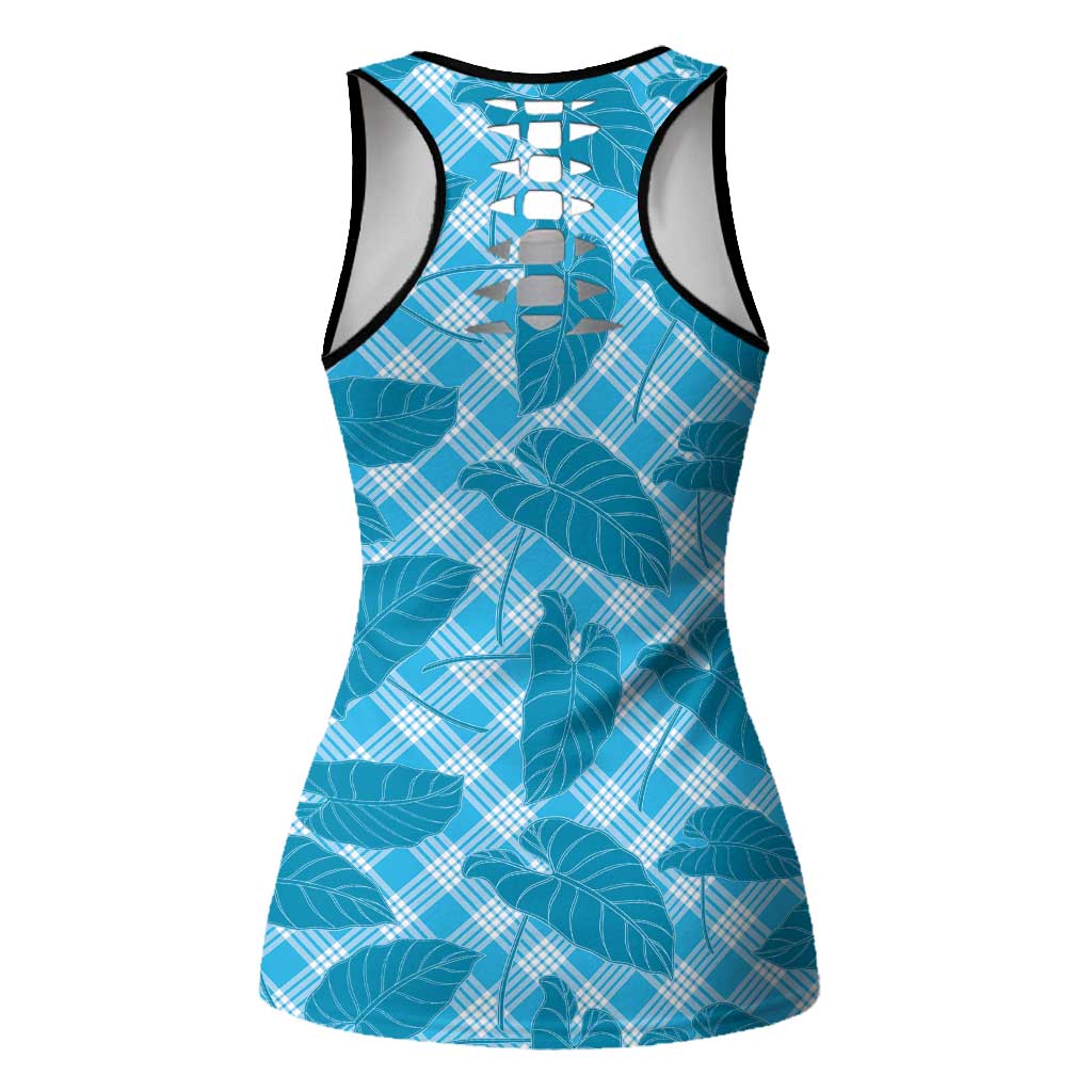 Blue Hawaii Kalo Palaka Motifs Hollow Tank Top Hawaiian Taro Leaves Elegant Vibes