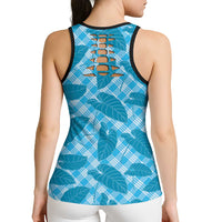 Blue Hawaii Kalo Palaka Motifs Hollow Tank Top Hawaiian Taro Leaves Elegant Vibes