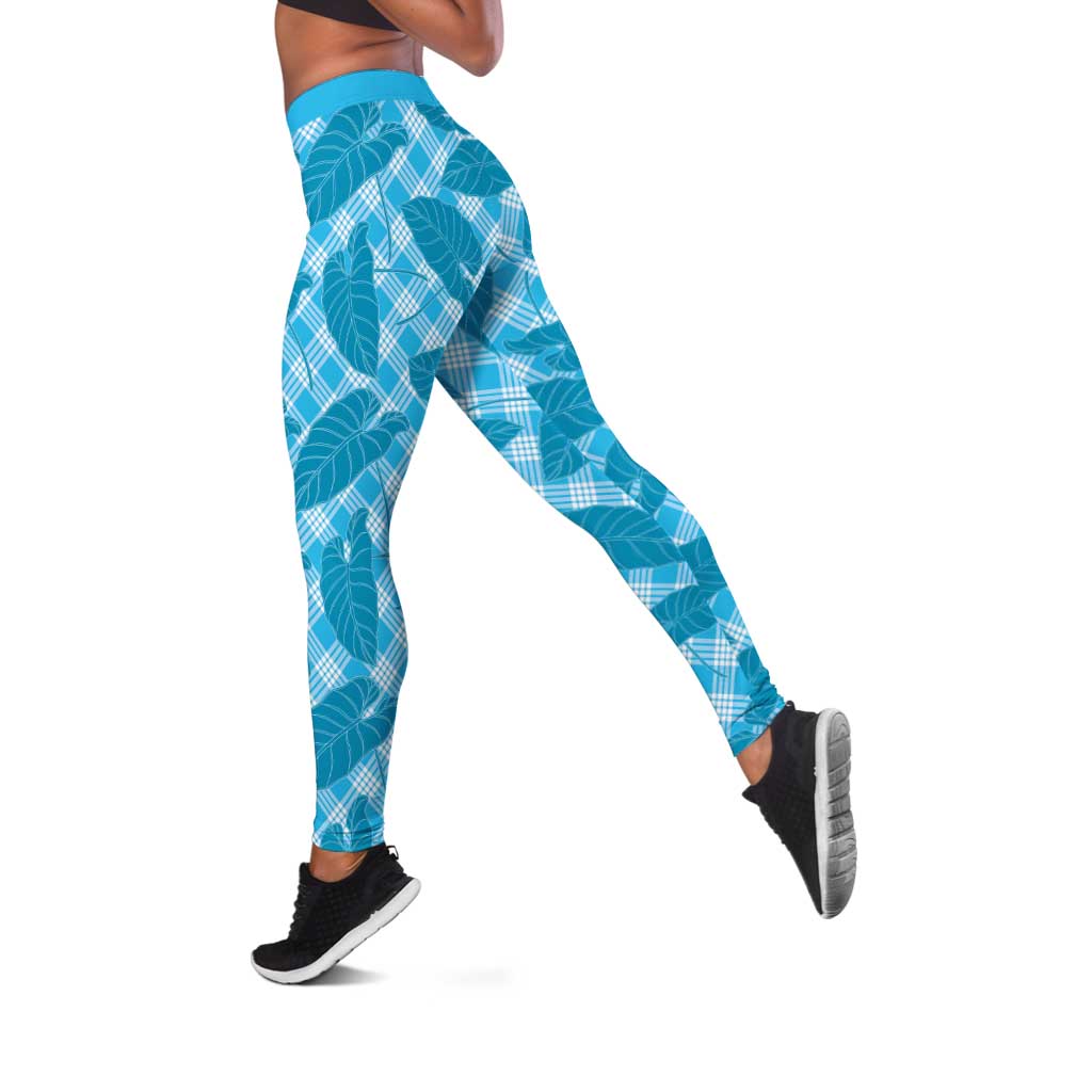 Blue Hawaii Kalo Palaka Motifs Leggings Hawaiian Taro Leaves Elegant Vibes