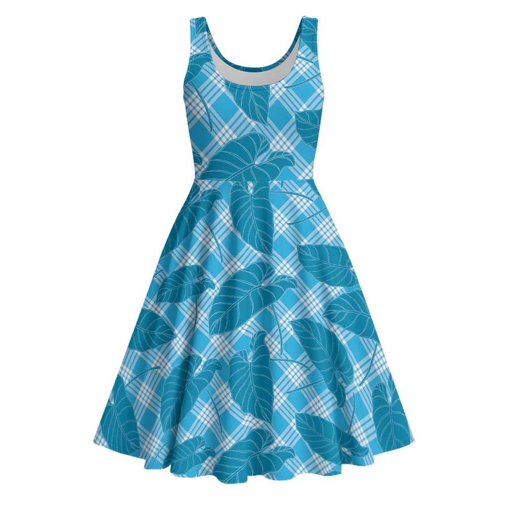 Blue Hawaii Kalo Palaka Motifs Midi Dress Hawaiian Taro Leaves Elegant Vibes