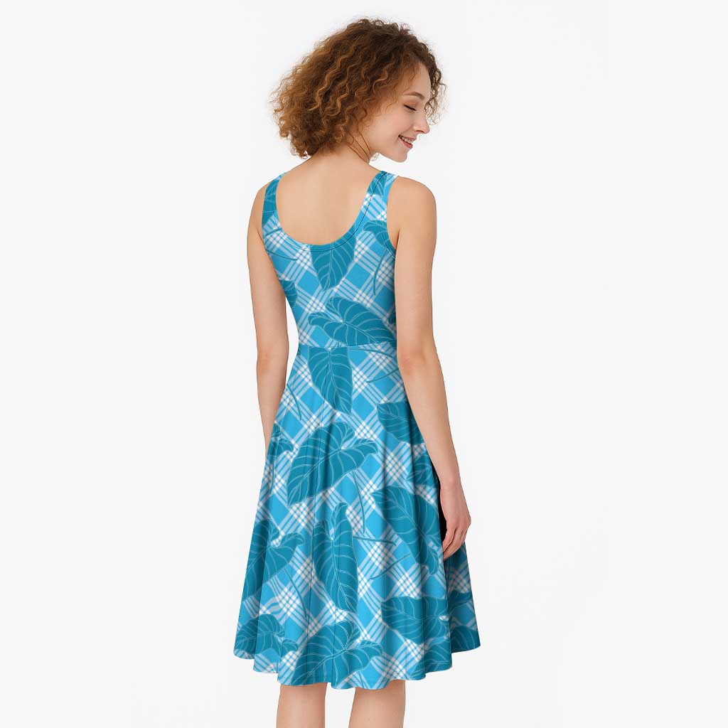 Blue Hawaii Kalo Palaka Motifs Midi Dress Hawaiian Taro Leaves Elegant Vibes