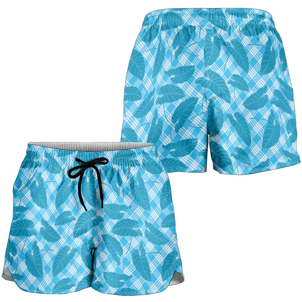 Blue Hawaii Kalo Palaka Motifs Shorts for Women Hawaiian Taro Leaves Elegant Vibes