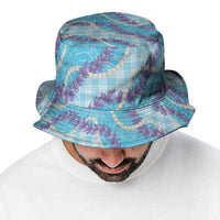 Blue Hawaii Palaka Honohono Pikake Bucket Hat Hawaiian Orchid Lei Polynesian Pattern - Polynesian Pride