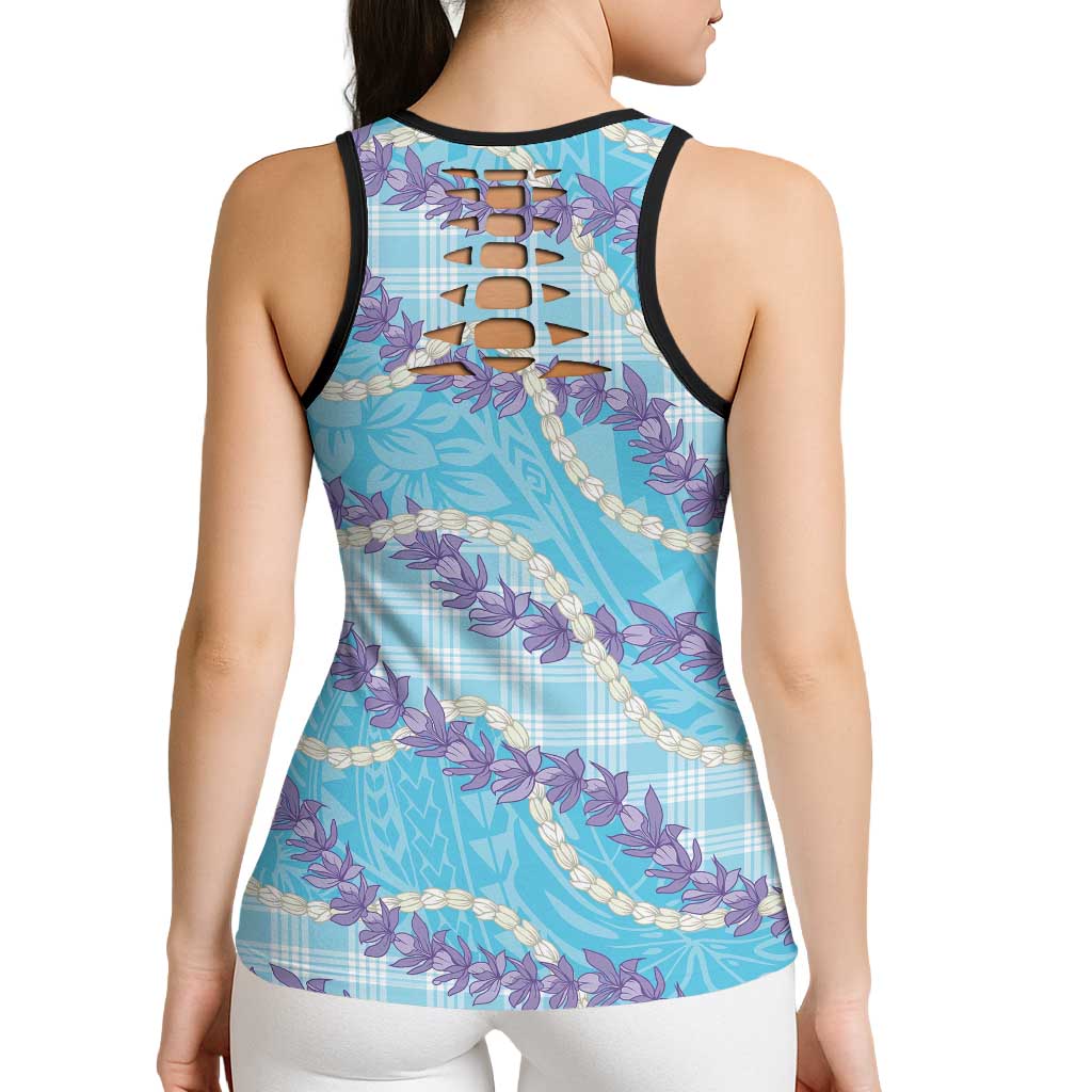 Blue Hawaii Palaka Honohono Pikake Hollow Tank Top Hawaiian Orchid Lei Polynesian Pattern - Polynesian Pride