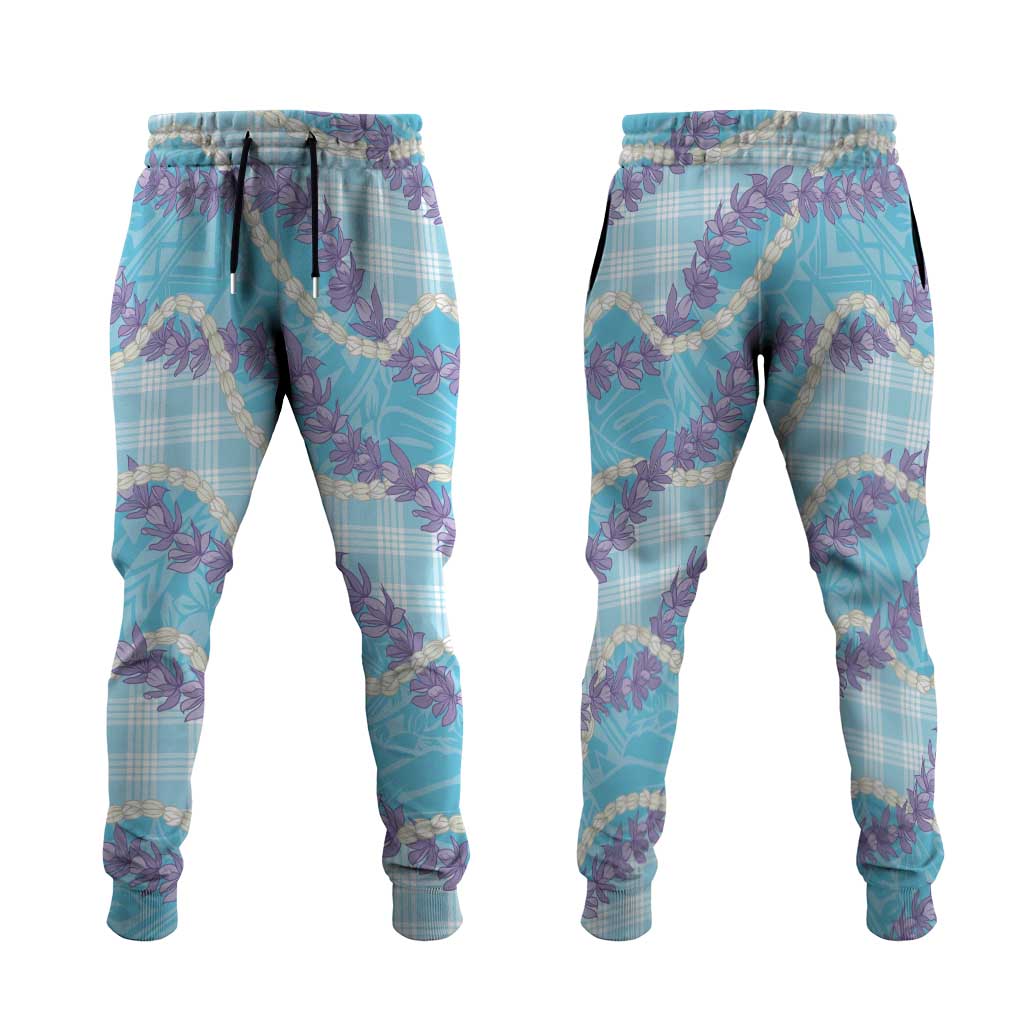 Blue Hawaii Palaka Honohono Pikake Jogger Pants Hawaiian Orchid Lei Polynesian Pattern - Polynesian Pride