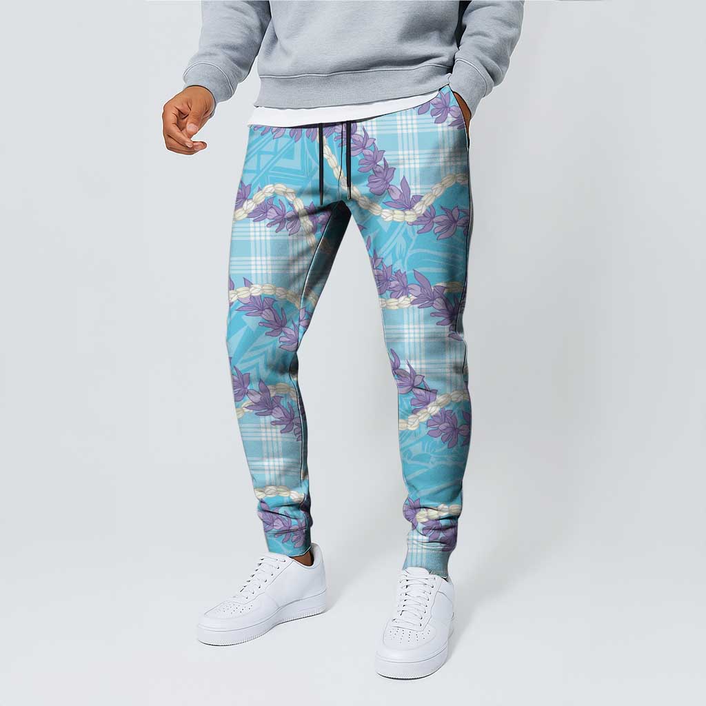 Blue Hawaii Palaka Honohono Pikake Jogger Pants Hawaiian Orchid Lei Polynesian Pattern - Polynesian Pride
