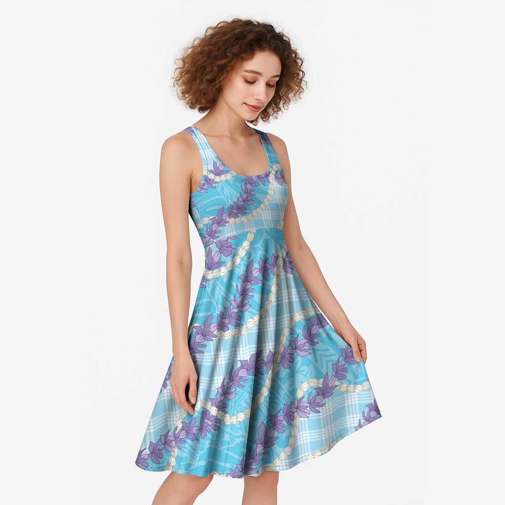 Blue Hawaii Palaka Honohono Pikake Midi Dress Hawaiian Orchid Lei Polynesian Pattern - Polynesian Pride