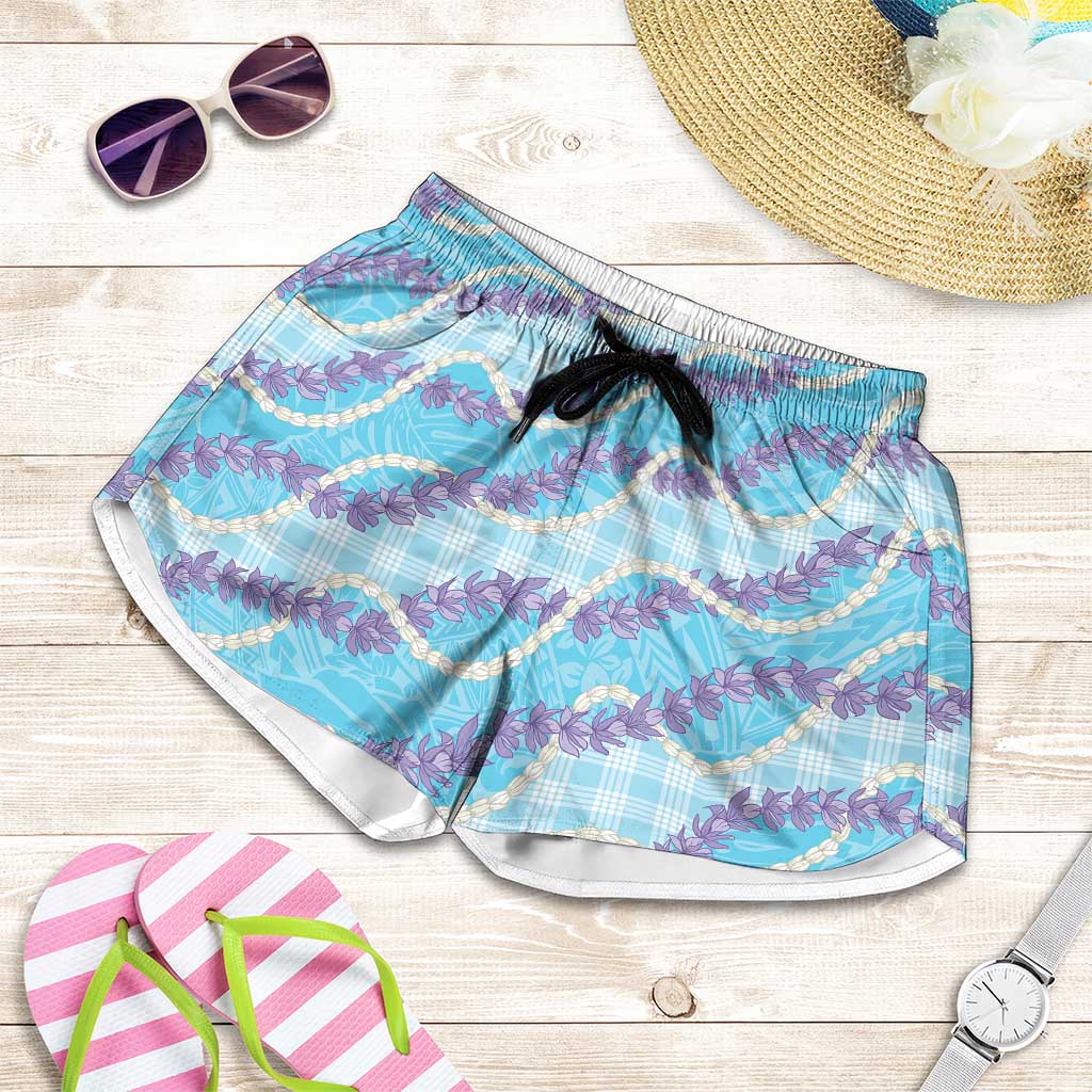 Blue Hawaii Palaka Honohono Pikake Shorts for Women Hawaiian Orchid Lei Polynesian Pattern - Polynesian Pride