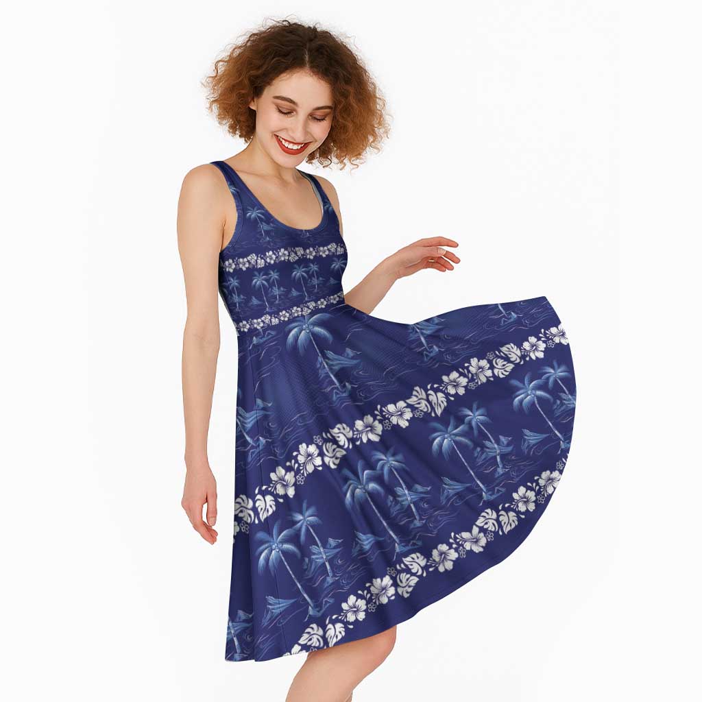 Blue Hawaii Palm Tree Hibiscus Midi Dress Fantasy Summer Vibe LT01 - Polynesian Pride