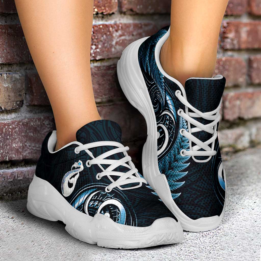 Blue New Zealand Chunky Sneakers Aotearoa Silver Fern With Manaia Maori Unique