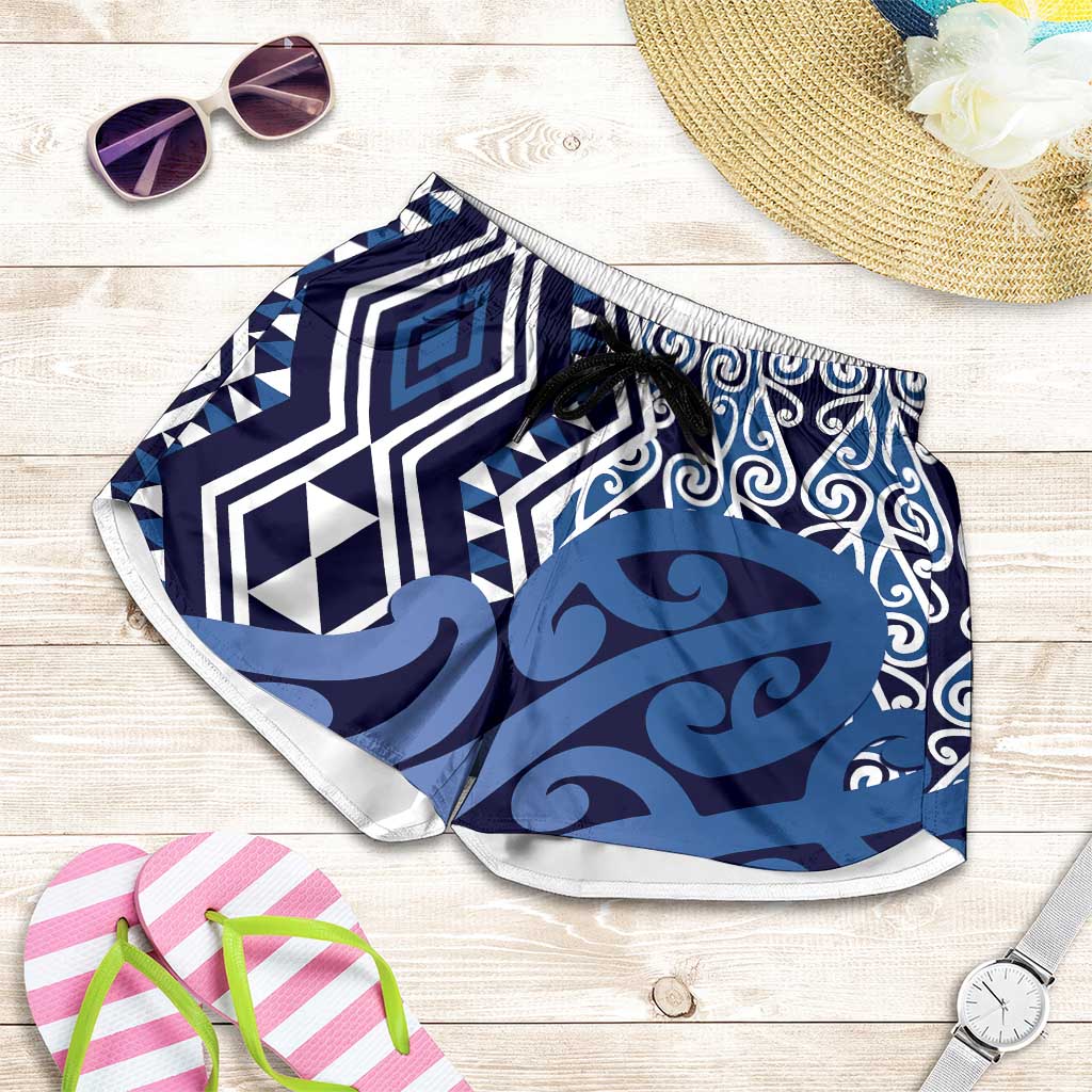 Blue New Zealand Shorts for Women Aotearoa Kowhaiwhai Mix Taniko Art