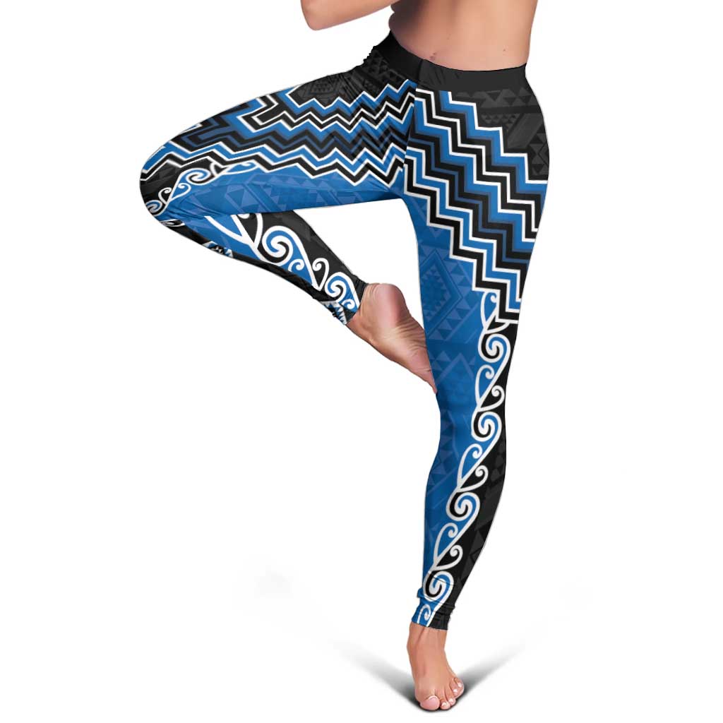Blue Niho Taniwha Mix Poutama Leggings Unique Taniko Aotearoa - Polynesian Pride